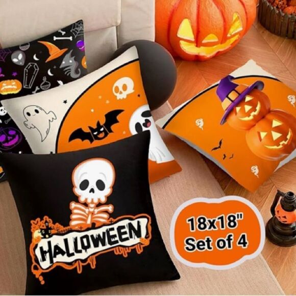 Throw Pillow Covers 18x18 Set Of 4 Halloween, Ghost, Cat, Witch Hat - Picture 1 of 6
